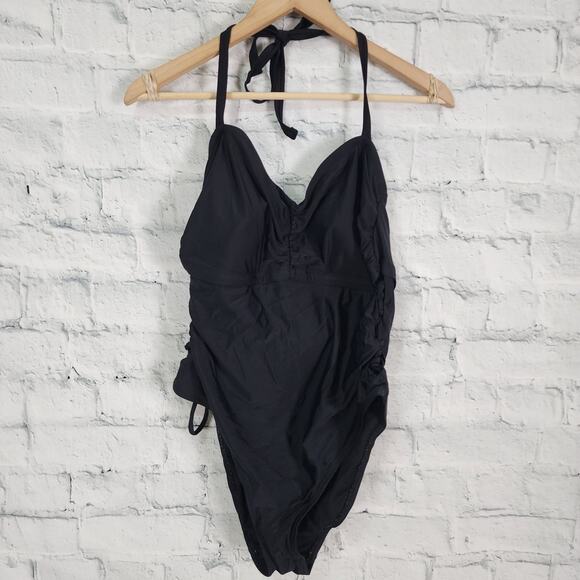 Ava Viv one piece swimsuit Sz 18W Black halter side adjustable string A41 - Picture 1 of 2